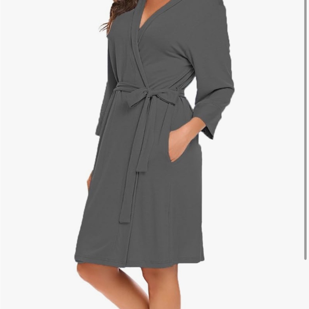 Gray Wrap Robe with V-Neck and Flared Sleeves